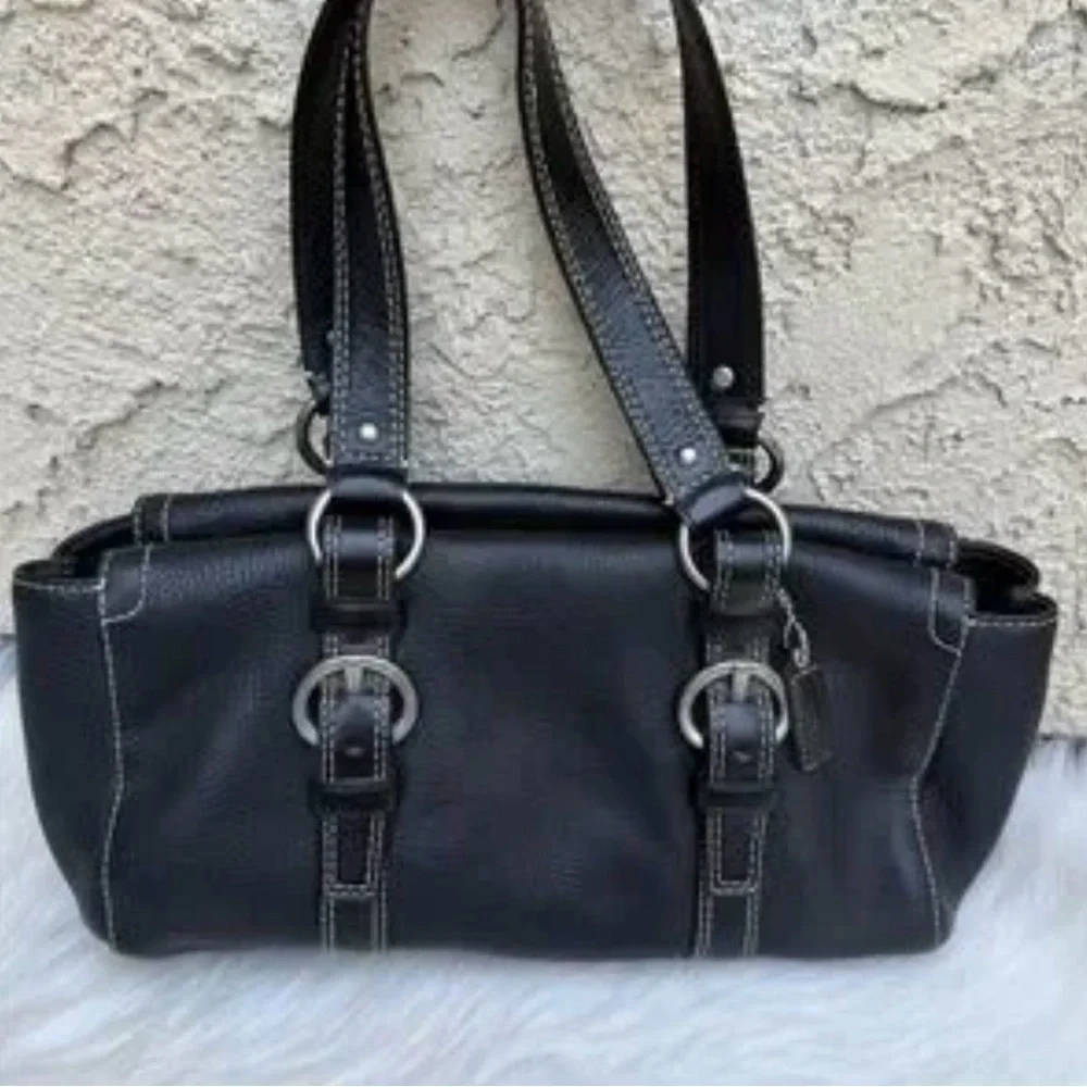 Coach Black Leather Shoulder Bag with Buckle Rings